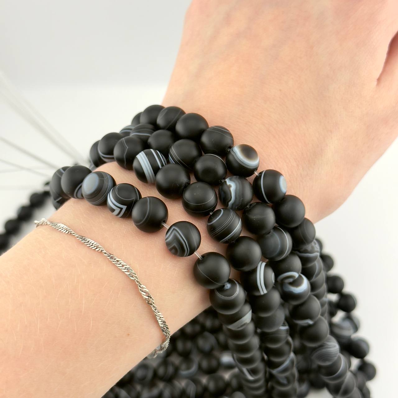 Бусины Агат волосатый черный гладкий матовый шар 6мм 8мм 10мм натуральный камень